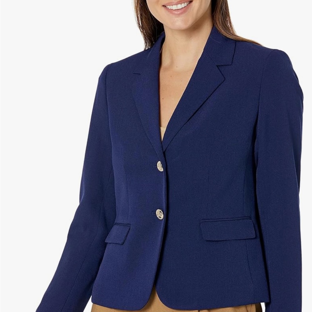 KASPER Stretch Crepe Notch Lapel Two 2 Button Blazer Navy Size 14